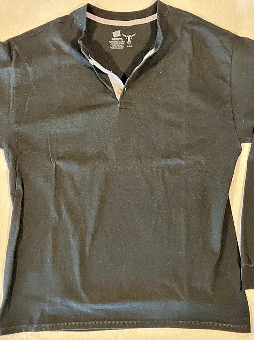 Hanes Beefy-T Men’s Large Black Long Sleeve Henley Shirt Cotton Casual